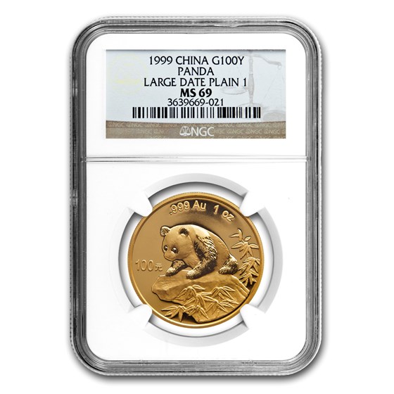 1999 China 1 oz Gold Panda Large Date/No Serif MS-69 NGC 1999 China 1 oz Gold Panda Large Date/No Serif MS-69 NGC
